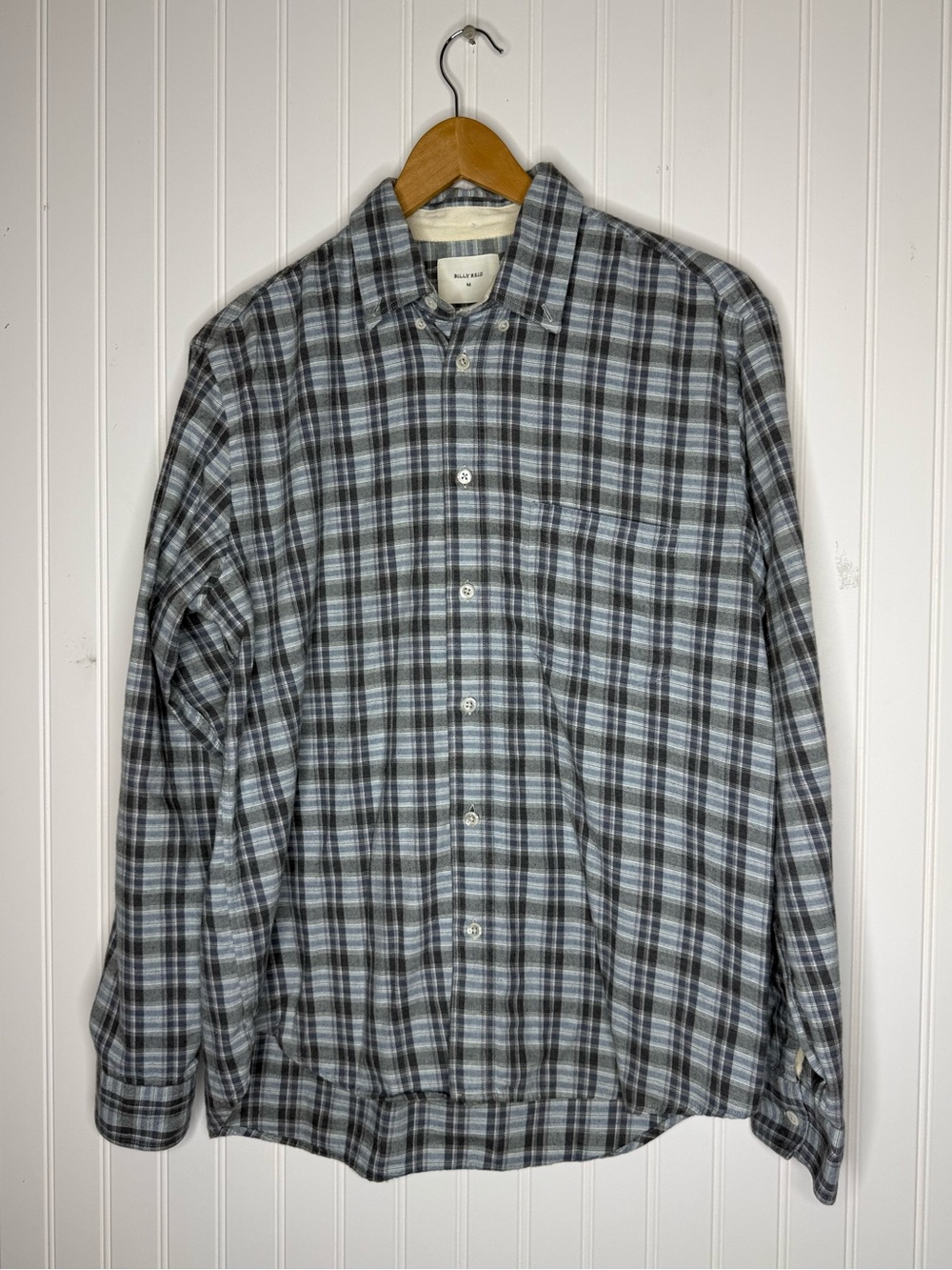 Billy Reid Blue Gray Check Plaid Flannel Cotton Standard Fit Cotton Shirt Size B